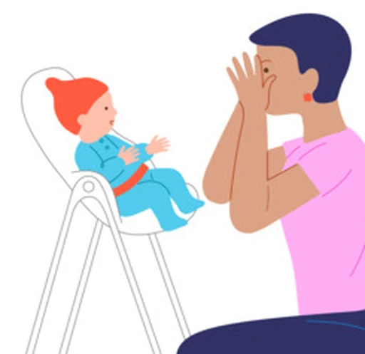 A caregiver plays peekaboo while the baby watches.