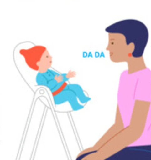 A caregiver makes a playful sound while a baby watches.