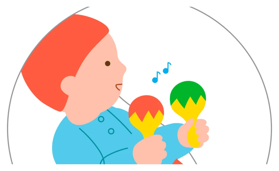 A baby explores two colorful lightweight rattles with their hands.