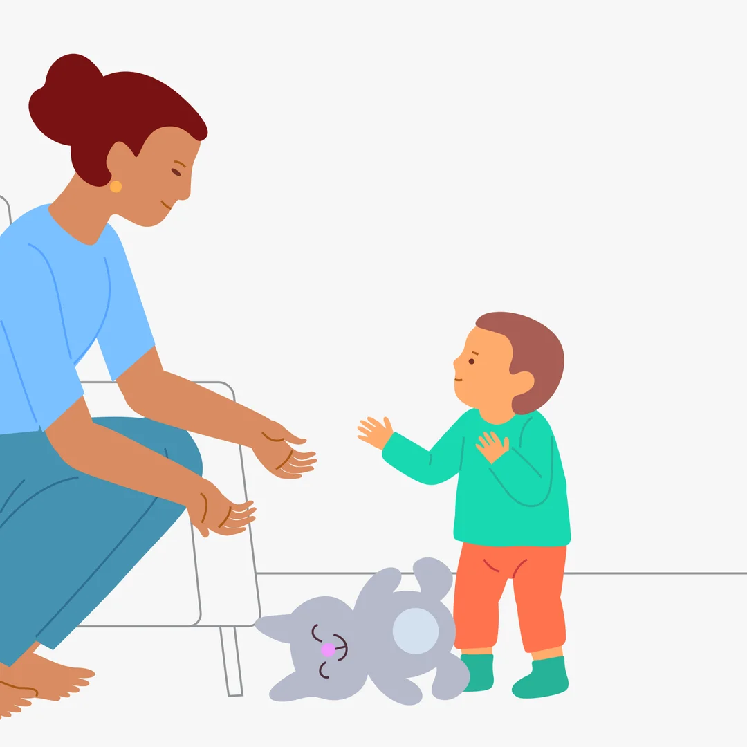 Illustration for “First Steps with a Moving Support”, step 3: If the child hesitates, drops a toy, or can’t pick it up again on their own, ask: “Would you like some help?