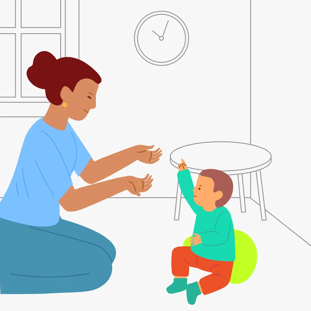Illustration for “Notice the Distant Object the Adult Points To”, step 2: In the room, ask: “Where is the clock—tick-tock?” If the child looks at or points to it, confirm: “Yes, that’s the clock.” If they can’t show you, extend your hand in