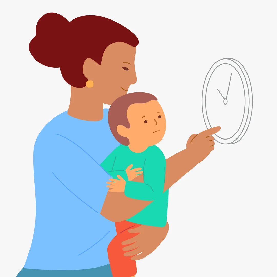 Illustration for “Notice the Distant Object the Adult Points To”, step 3: If the child looks at your hand but doesn’t realize they need to look at the item, move closer to the clock and tap it with your finger: “Here’s the clock.”