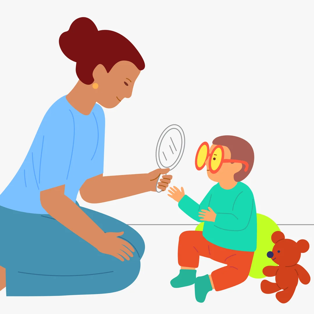 Illustration for ““What’s Wrong?” Laugh at a Silly Situation”, step 2: Take off the glasses and give them to the child.