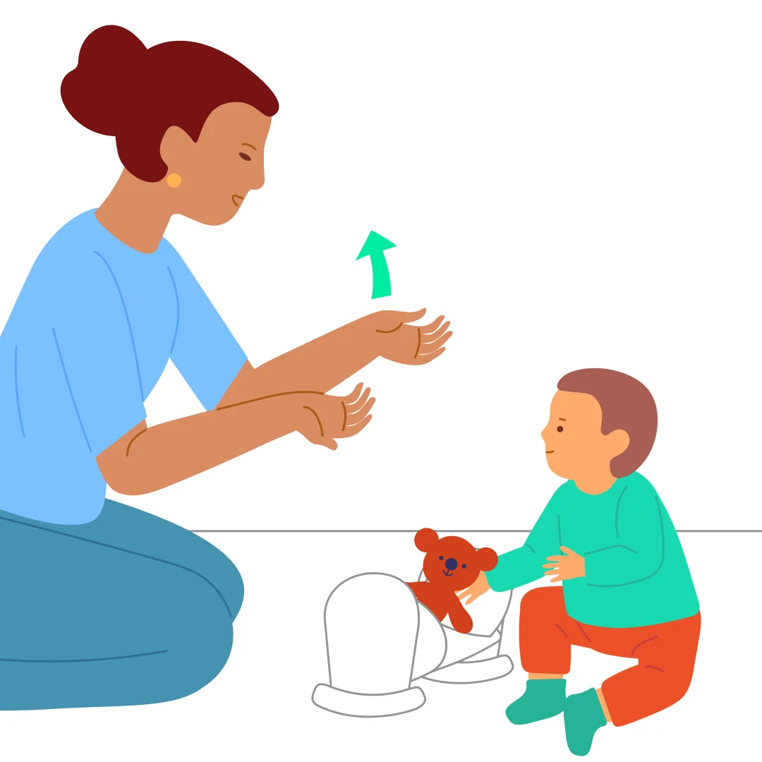 Illustration for “Copy the Adult’s Actions in a Familiar Game”, step 3: After rocking Teddy, add a new element: “We’ll wake Teddy up!” Say, with a motion of your hands from low to high: “Teddy, wake up!” Suggest to the child: “Wake Teddy up