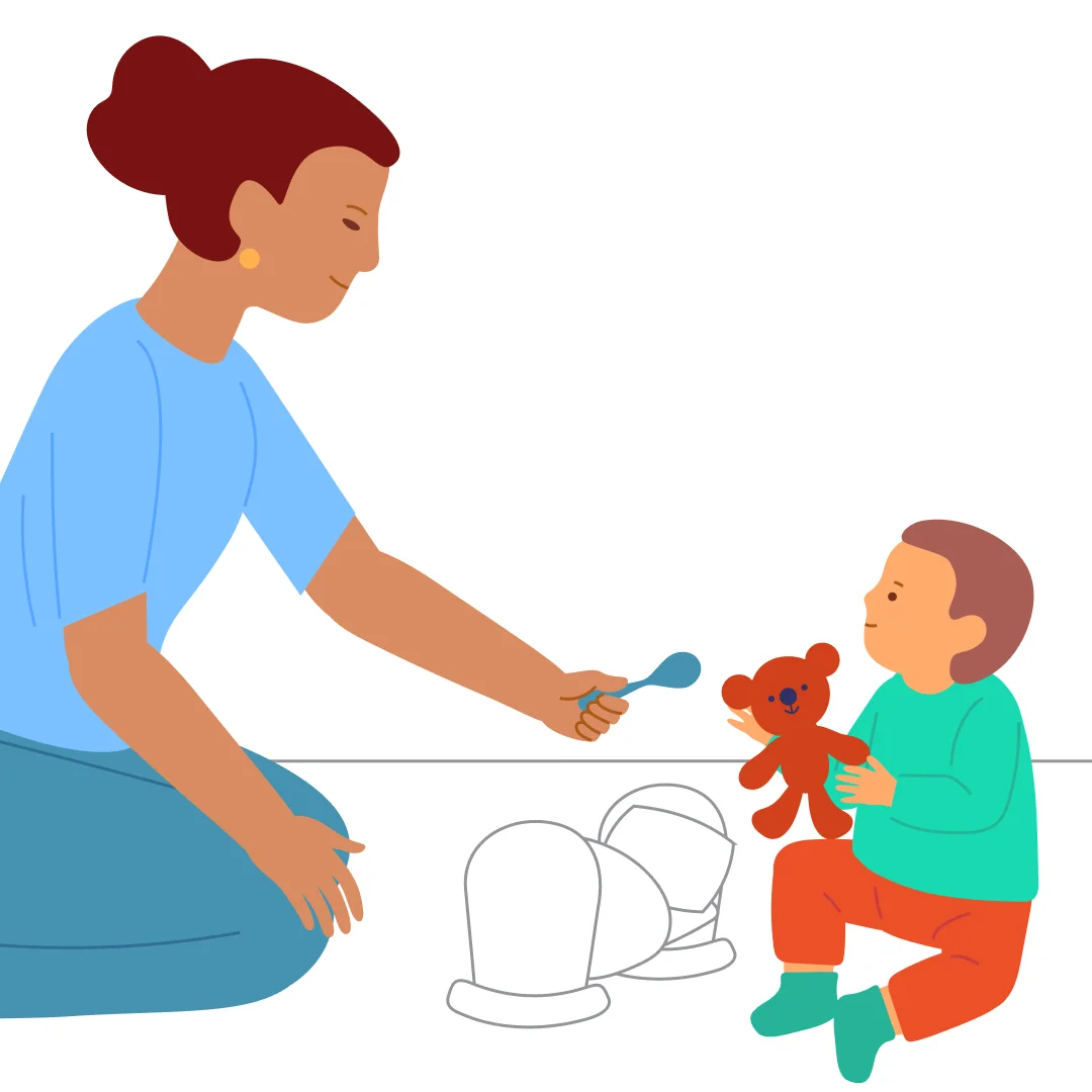 Illustration for “Copy the Adult’s Actions in a Familiar Game”, step 4: When the child repeats the motion and picks up Teddy, let them play a bit, maybe feed him.
