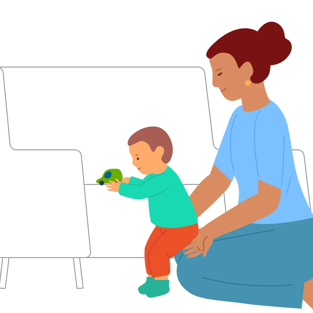 Illustration for “Stand Up to a Support from Sitting”, step 2: When the child reaches out, help them place their hands on the couch.