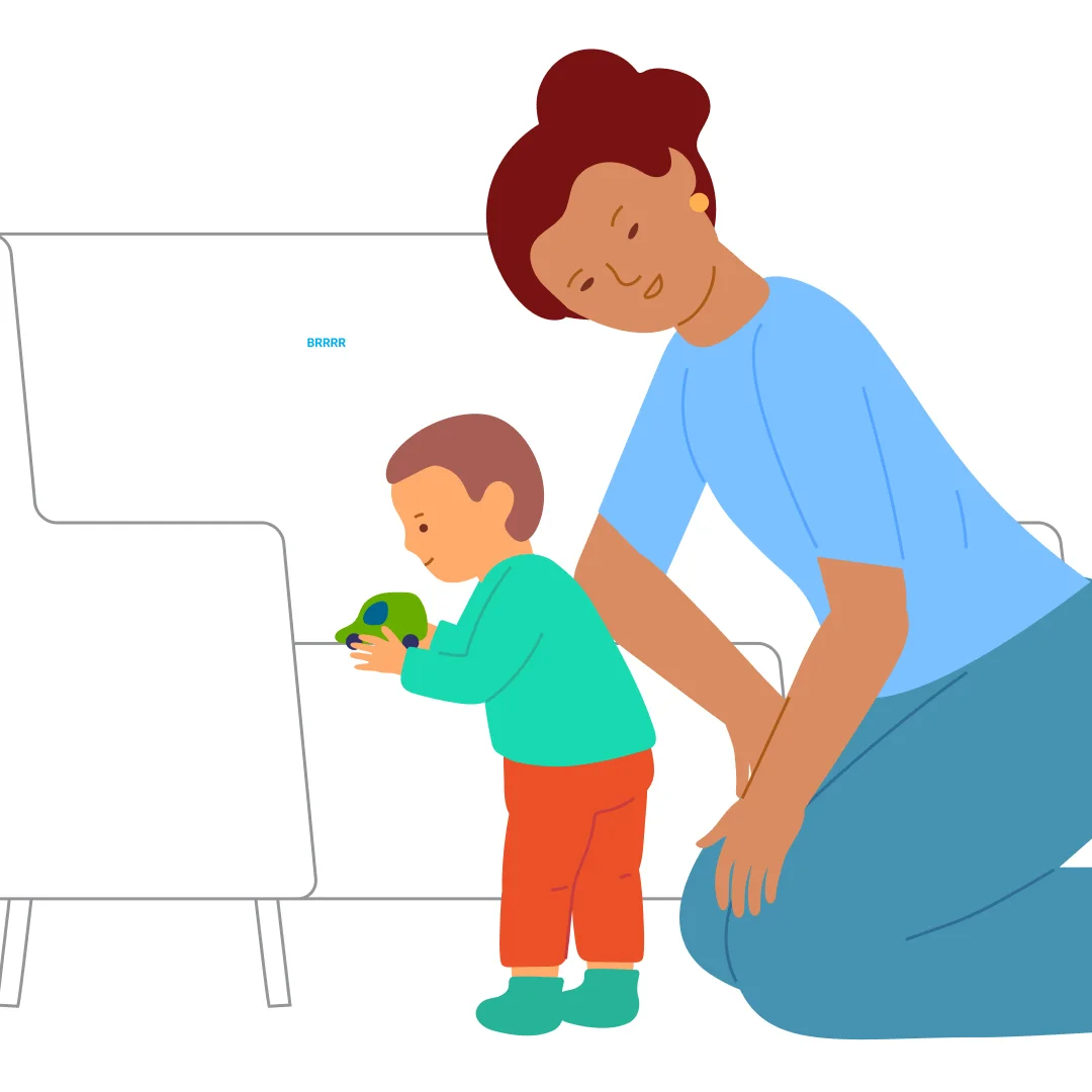 Illustration for “Stand Up to a Support from Sitting”, step 3: Give them time to play with the car: “Roll the car, brmmm.” Repeat as long as the child is interested.