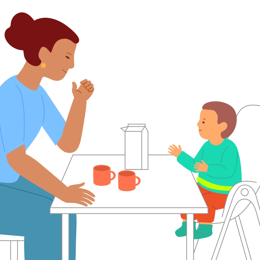 Illustration for “Drink from a Cup”, step 1: Sit at the table with the child.