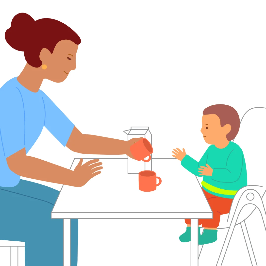 Illustration for “Drink from a Cup”, step 2: Show your empty cup: “No juice.” (gesture) Pour juice into your own cup: “This is Mommy’s juice.”