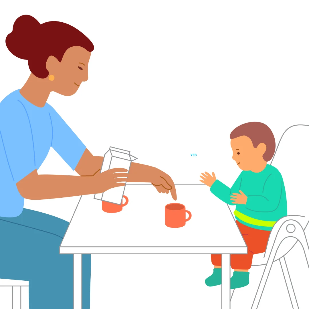 Illustration for “Drink from a Cup”, step 3: Ask the child: “Shall I pour some for {{CHILD_NAME}}?” (point to their cup) Comment on the child’s response: “Yes, pour.”