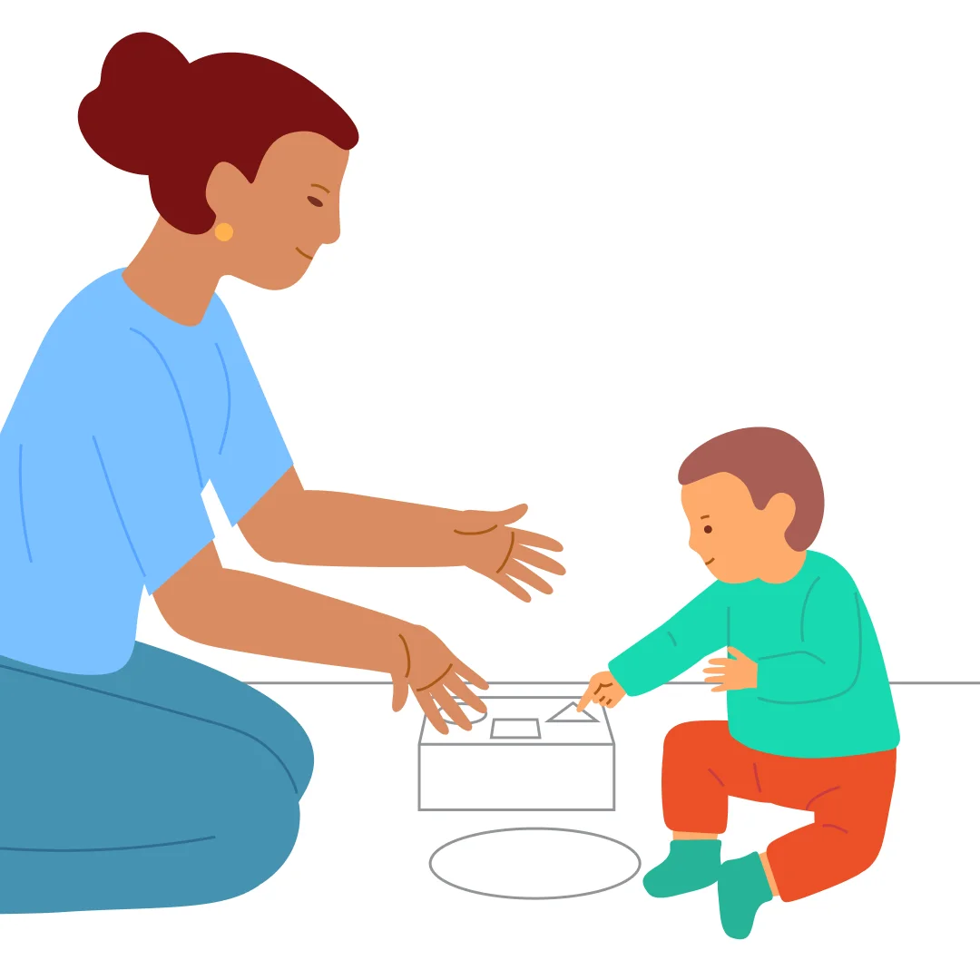Illustration for “Shape Box: Three Shapes”, step 4: When the child has dropped all shapes, show them the empty tray: “All done.