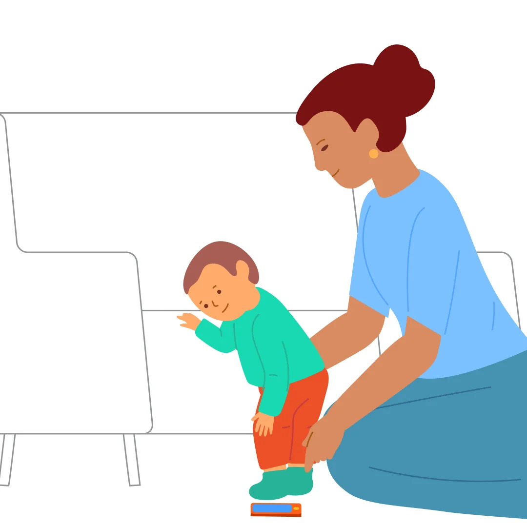 Illustration for “Sit Down from Standing”, step 2: Ask for the toy, place it on the floor next to you.