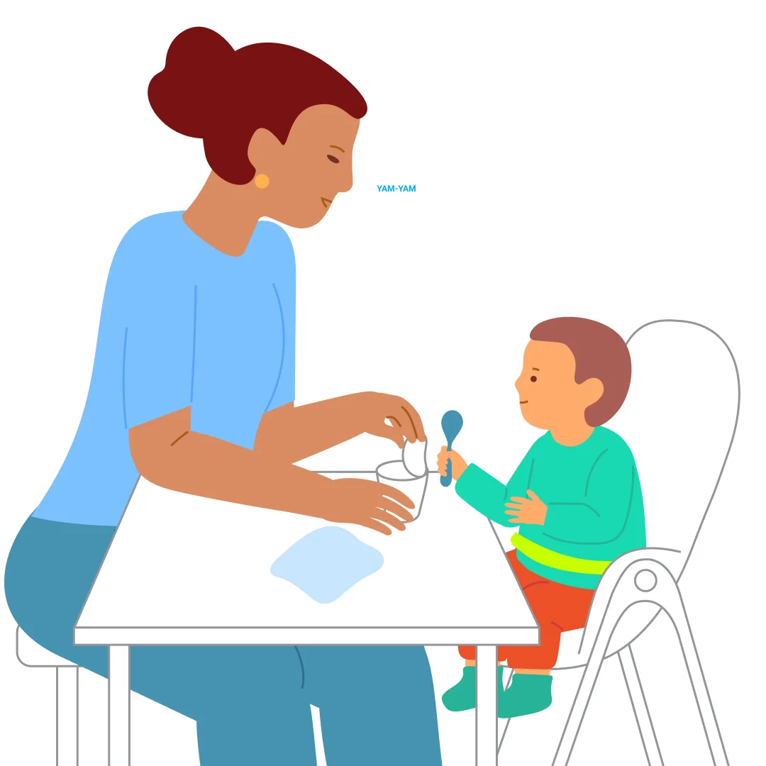 Illustration for ““Cottage Cheese, All by Myself!””, step 1: Sit the child at the table.