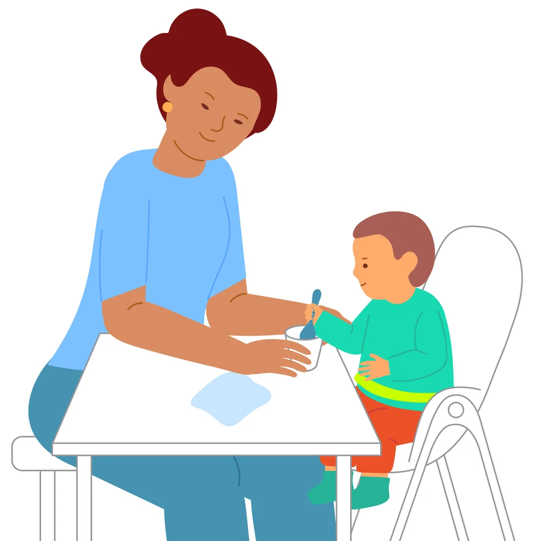 Illustration for ““Cottage Cheese, All by Myself!””, step 2: Help the child hold the spoon properly: “Eat the cottage cheese.” "Steady the container so it doesn’t tip.