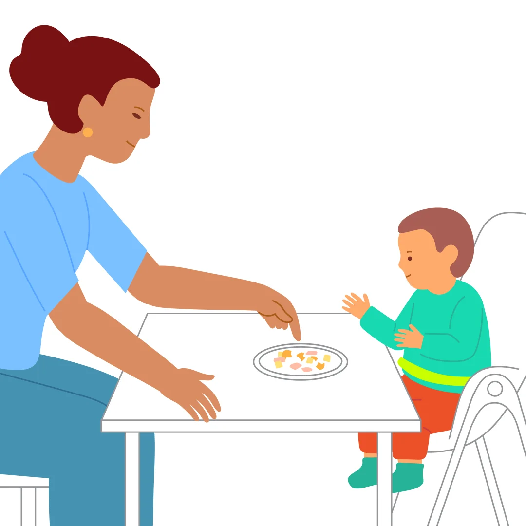 Illustration for ““I Feed Myself!” Bite-Sized Food”, step 1: Sit down at the table with your child.