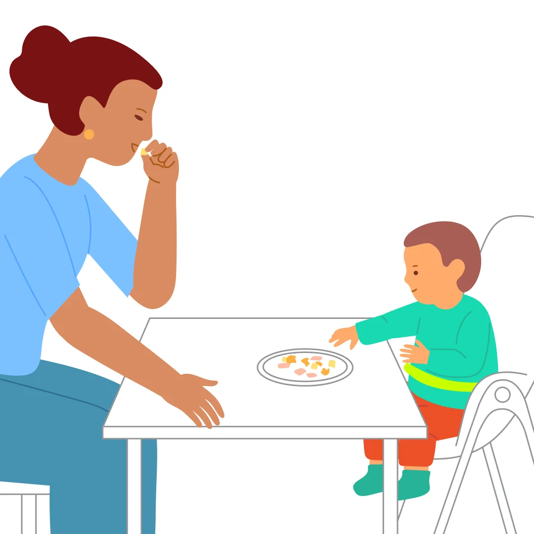 Illustration for ““I Feed Myself!” Bite-Sized Food”, step 2: Pick up one piece and eat it: “Oh, this is yummy!” Offer your child a choice: “Which one does {{CHILD_NAME}} want?