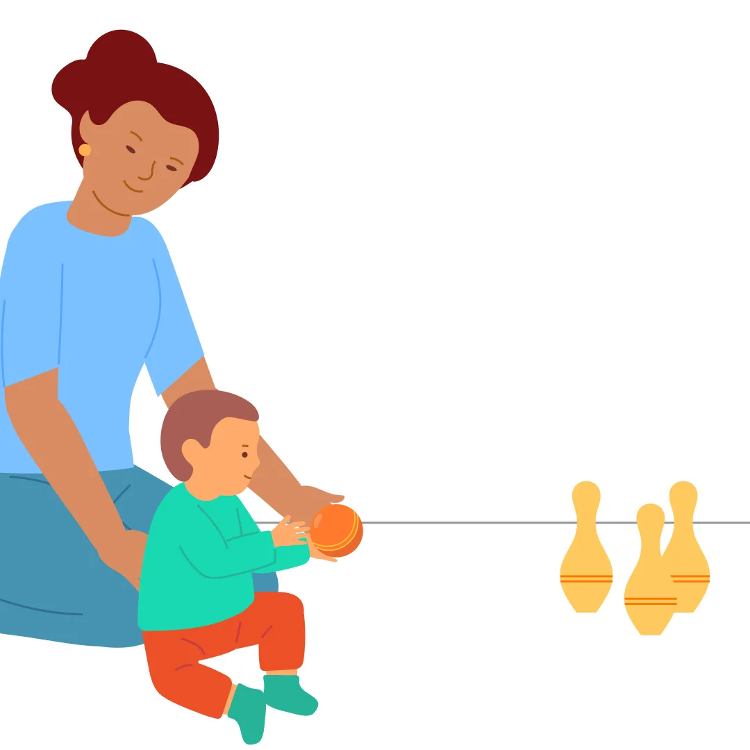 Illustration for “Bowling Fun”, step 3: Set them up again, sit next to your child, and give them the ball: “Now it’s {{CHILD_NAME}}’s turn!