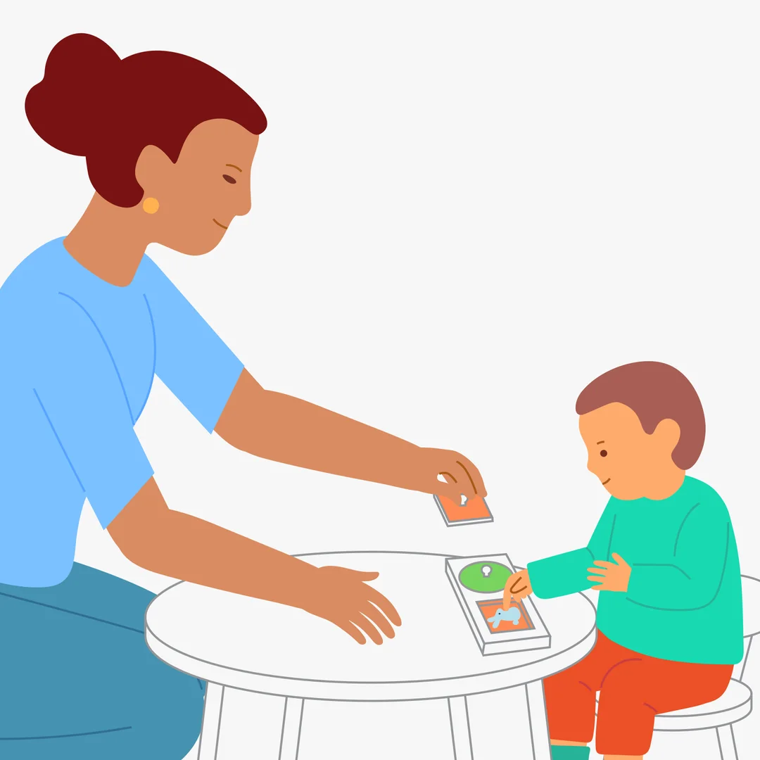 Illustration for “Fit the Pieces: Circles and Squares”, step 3: Focus on the second board: “Look, who’s hiding here?” When the child removes the square piece, say: “Oh, there’s a bunny!” Suggest: “Hide the bunny!” Help the child rotate the 