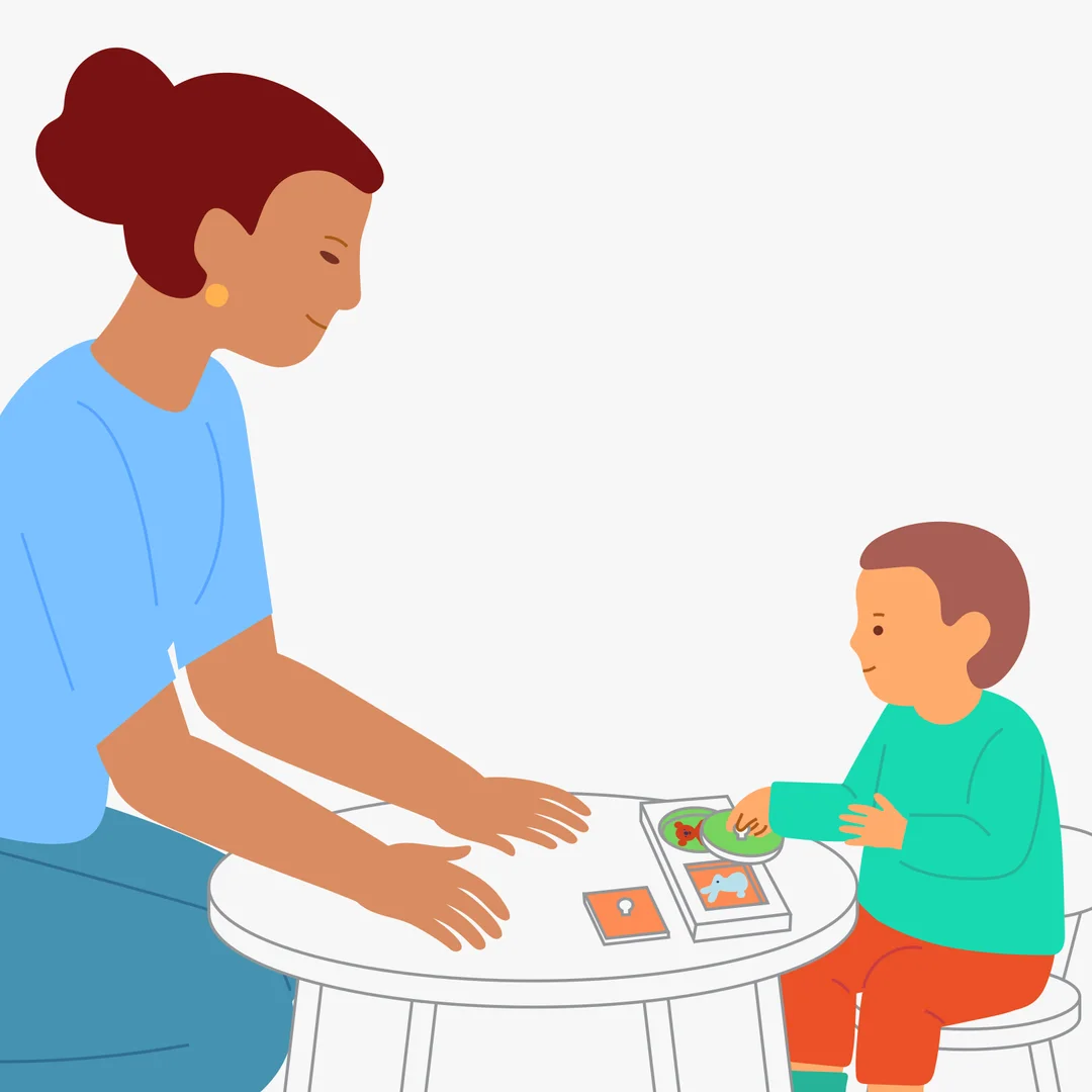 Illustration for “Fit the Pieces: Circles and Squares”, step 4: Take both inserts out and encourage the child to hide the animals without naming them, so they figure out which piece fits.