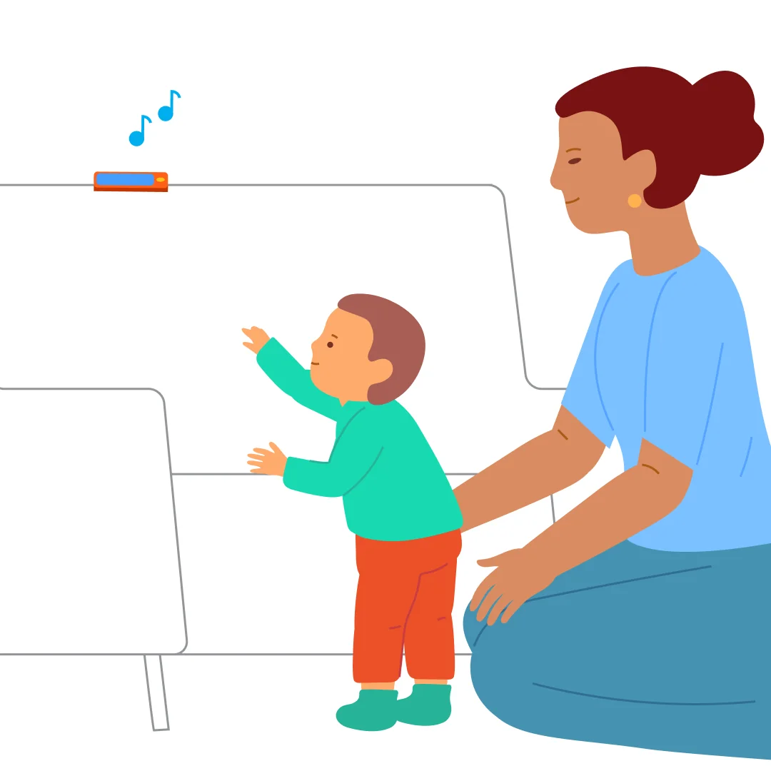 Illustration for “Climb onto the Sofa for a Toy”, step 2: Turn on the phone’s music and place it on the couch’s back.