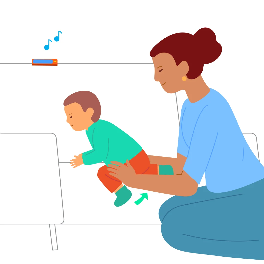 Illustration for “Climb onto the Sofa for a Toy”, step 4: Shift them onto the right knee.
