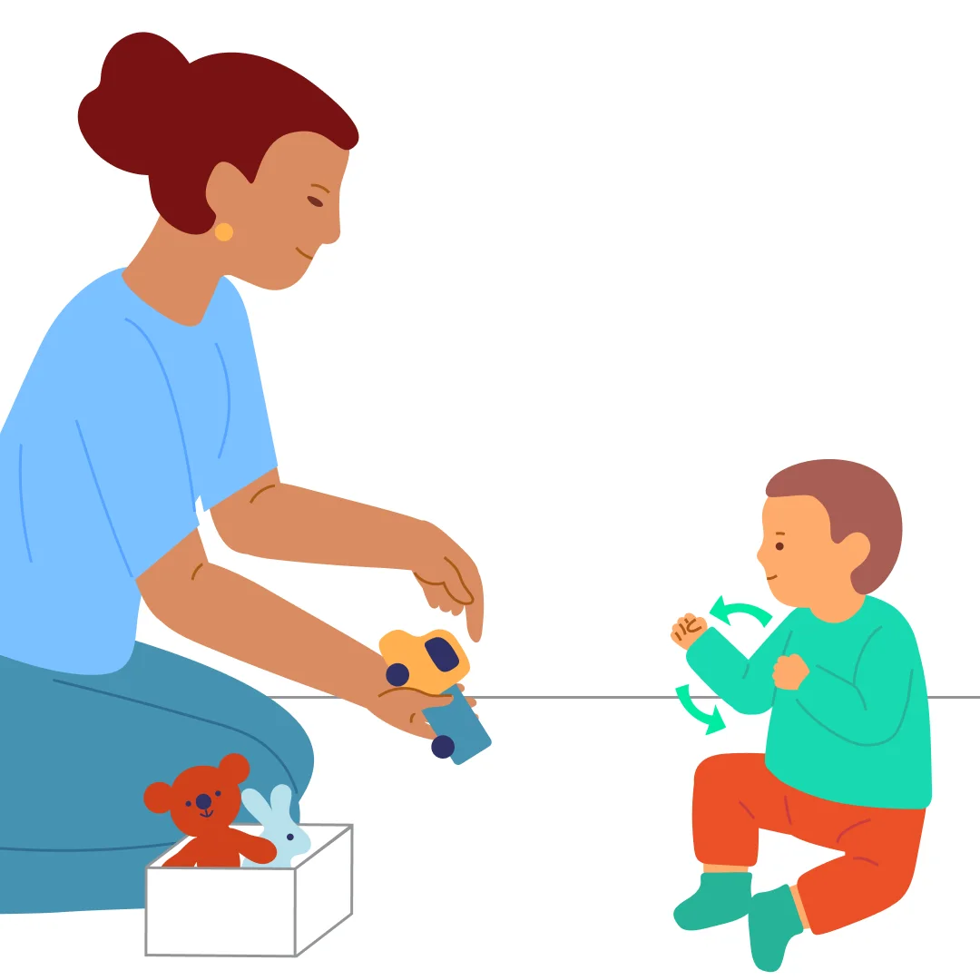 Illustration for “Roll Teddy and Bunny Around”, step 1: Sit on the floor with your child.