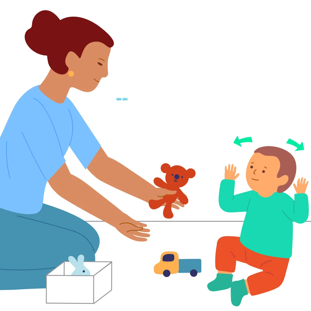 Illustration for “Roll Teddy and Bunny Around”, step 2: Take a teddy bear from the box: “Who came to visit?” Confirm: “Yes, it’s a teddy bear, oh-oh.” Take a bunny: “Who’s this?