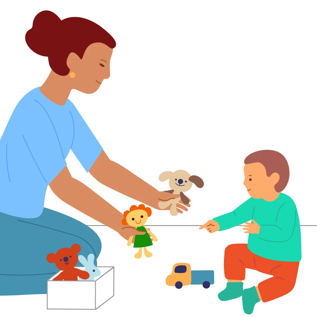 Illustration for “Roll Teddy and Bunny Around”, step 6: Ask: “Who will go for a ride next?” Repeat all steps with the second toy.