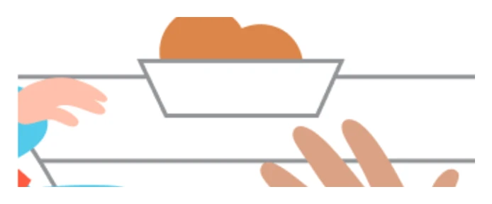 A caregiver and baby notice a small serving of food together at the tray.