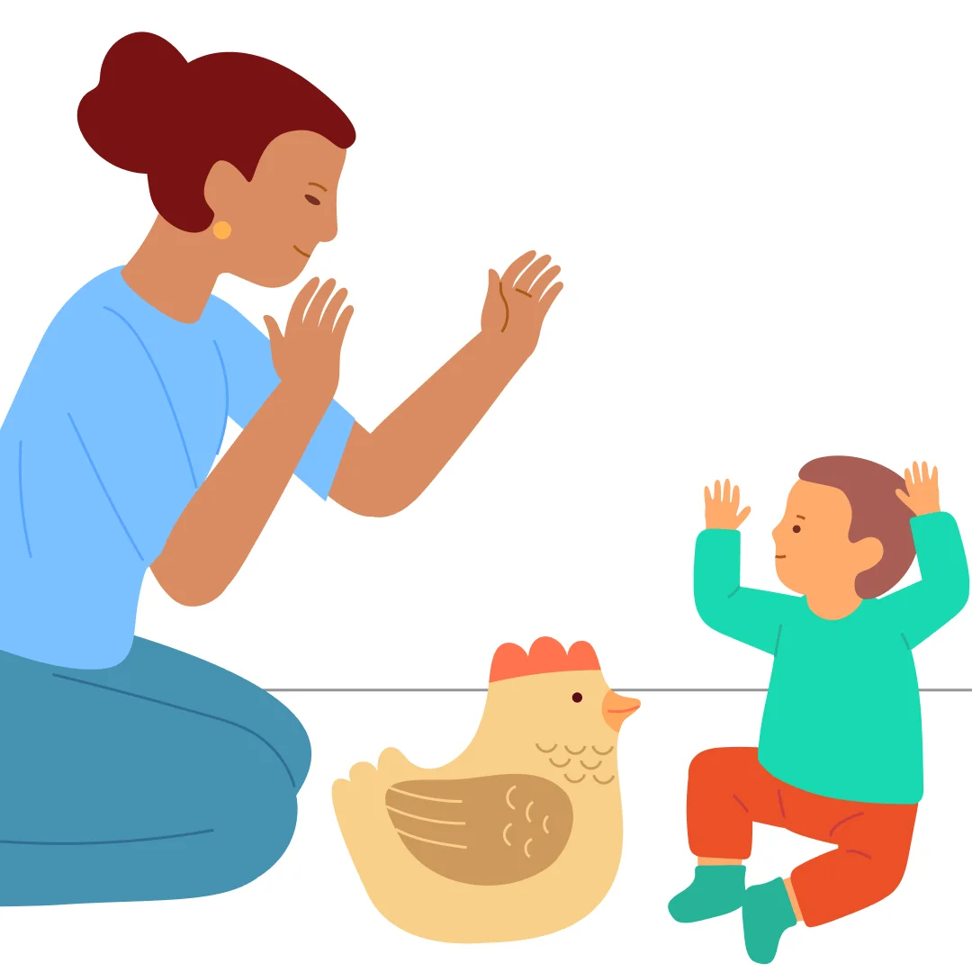 Illustration for ““Marching Together!””, step 2: Spread your arms wide: “The hen is big!” Help the child hold it with both hands in front of them.