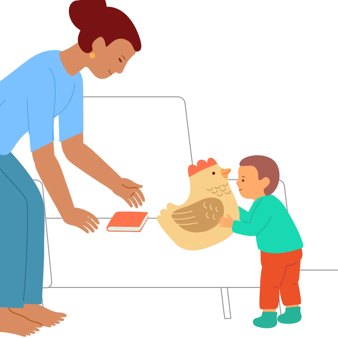 Illustration for ““Marching Together!””, step 4: When you both arrive at the chair, suggest: “Sit the hen down, cluck-cluck.” Once the child places the toy, invite them to climb onto the chair: “Climb up with the hen.” Help them get comfort