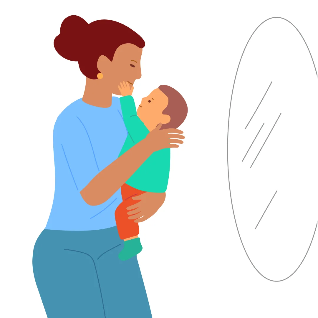 Illustration for “Sweet Kisses”, step 3: Touch the child’s lips with your finger: “This is {{CHILD_NAME}}’s mouth!” Ask: “Where is Mommy’s mouth?” Put your palms on the child’s cheeks: “These are {{CHILD_NAME}}’s cheeks.” Ask: “Where are Mo