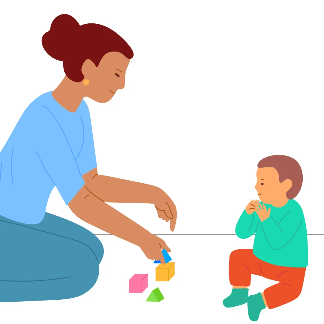 Illustration for “Build a House”, step 1: Sit on the floor facing your child.