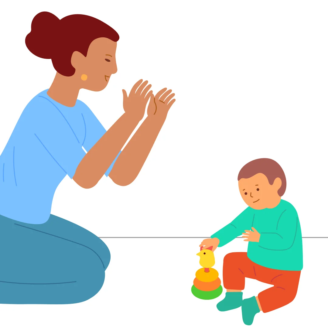 Illustration for “Stack the Ring Tower (Ignoring Size)”, step 5: Suggest: “Now put the hen’s head back on.” Comment on the child’s action: “Well done, you fixed the hen!” Let the child play on their own—taking apart and putting the stacker