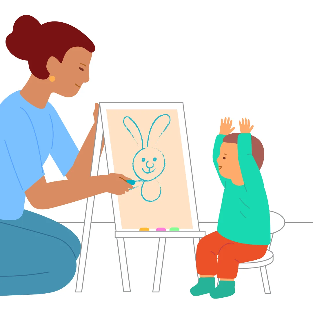 Illustration for ““Mom Draws, I Add!””, step 1: For this activity, you need short crayons and a sturdy table or easel, making sure the child is comfortable.
