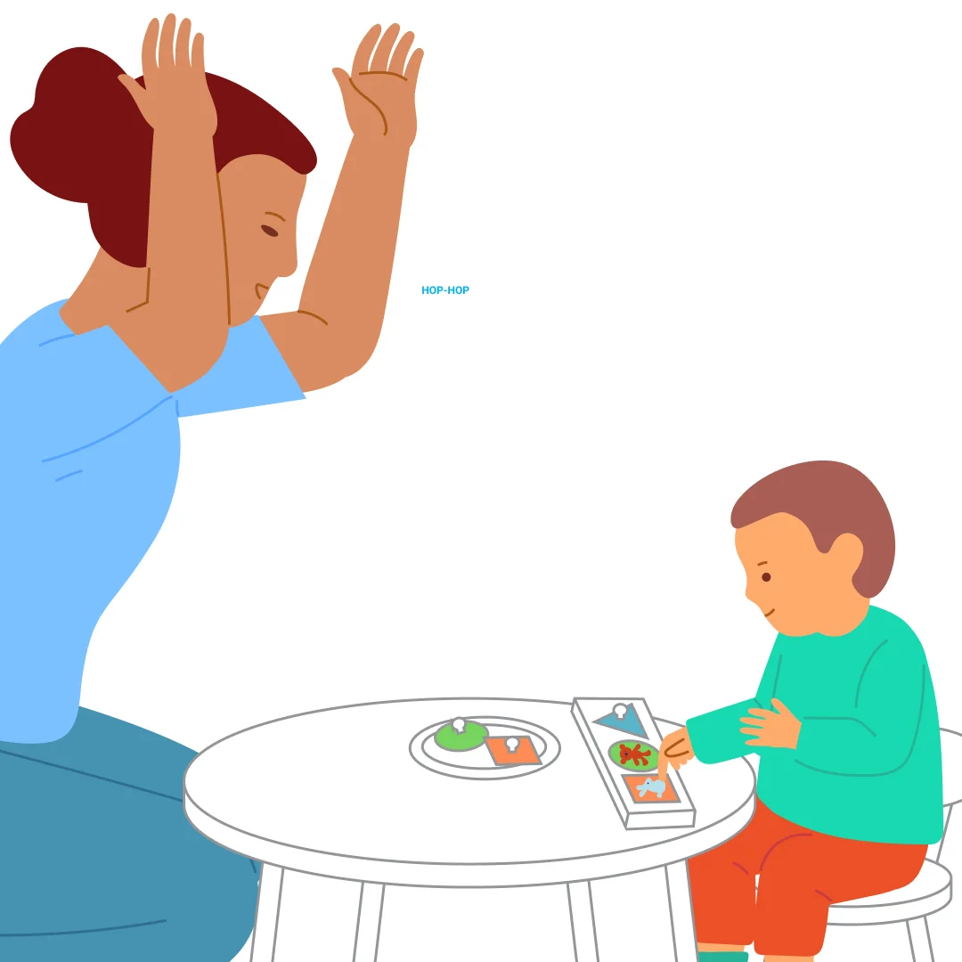 Illustration for “Shape Matching: Circles, Square, and Triangle”, step 3: Draw attention to the second board: “Look, who’s hiding here?” When they remove the square, say: “Oh, here’s a bunny!