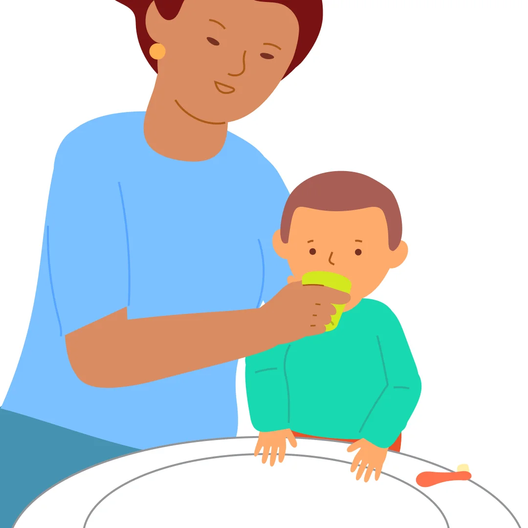 Illustration for “Brush Teeth Without Toothpaste”, step 4: Say: “We’ll rinse your mouth now.” Take the cup of water and show them: “Mommy rinses and then spits.” Give the child a bit of water: “Rinse and spit.” Talk about what they do, prai