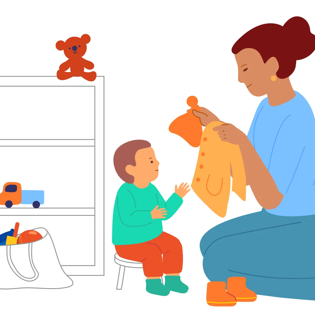 Illustration for “Toys Go for a Walk”, step 3: Ask: “Is that everything for our walk?” Say: “All set—let’s get dressed and go outside.”