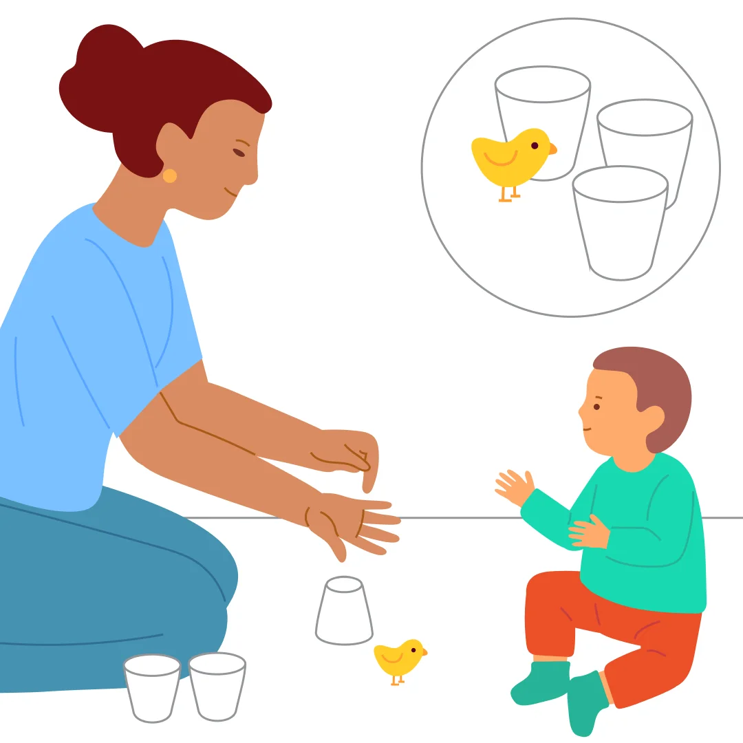 Illustration for “Hide and Seek in Cups”, step 1: For this game, you need plastic cups and a small wind-up toy that fits under a cup—for example, a little chick.