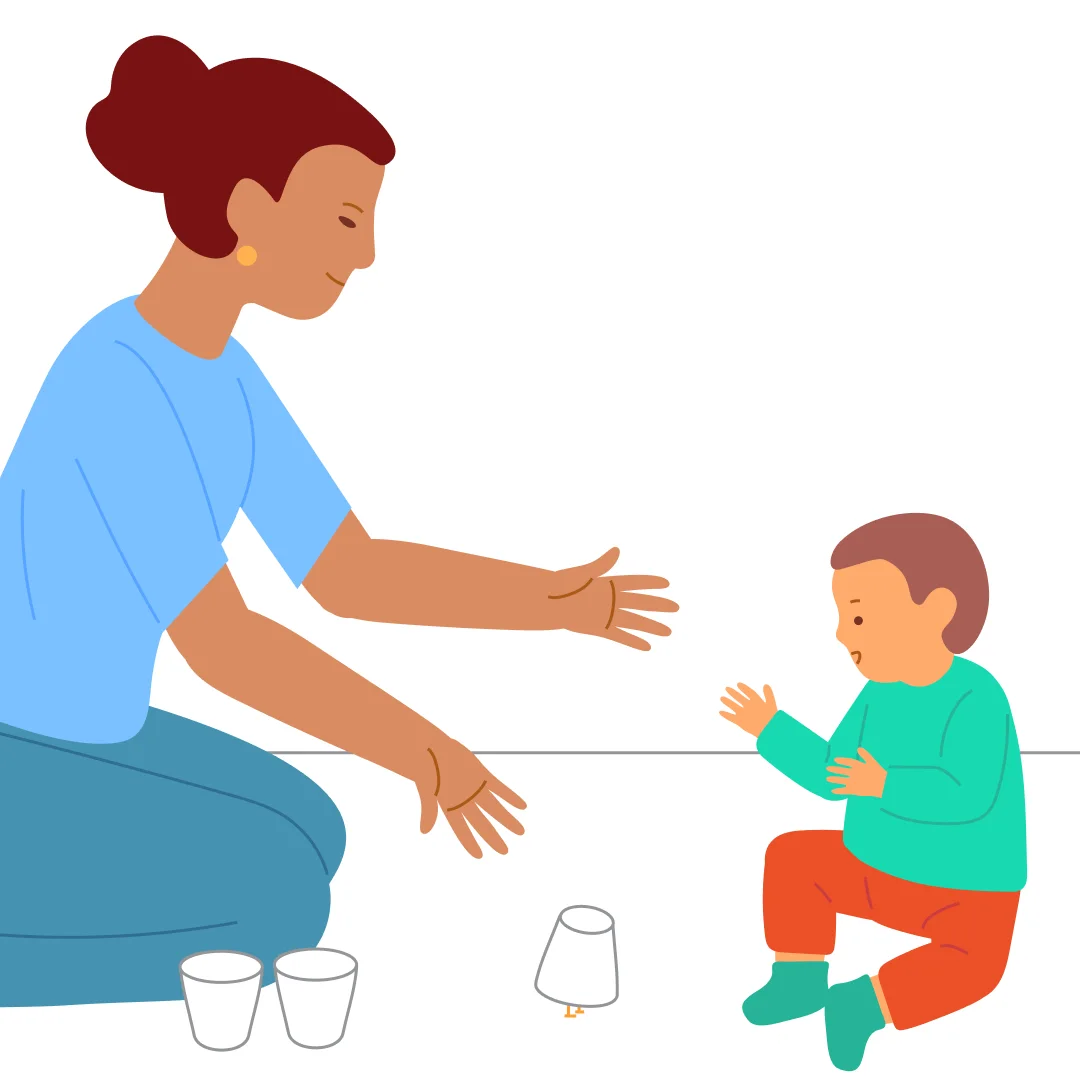 Illustration for “Hide and Seek in Cups”, step 2: Say the chick will hide, and cover it with a cup: “No chick!” Invite the child: “Find the chick!”