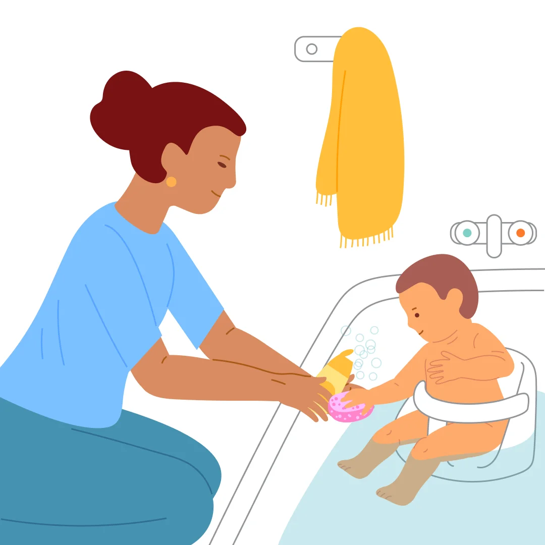 Illustration for “"Soap It Up!"”, step 1: Tell the child: “It’s bath time.” Sit them in the tub and carry on with your normal bathing routine.