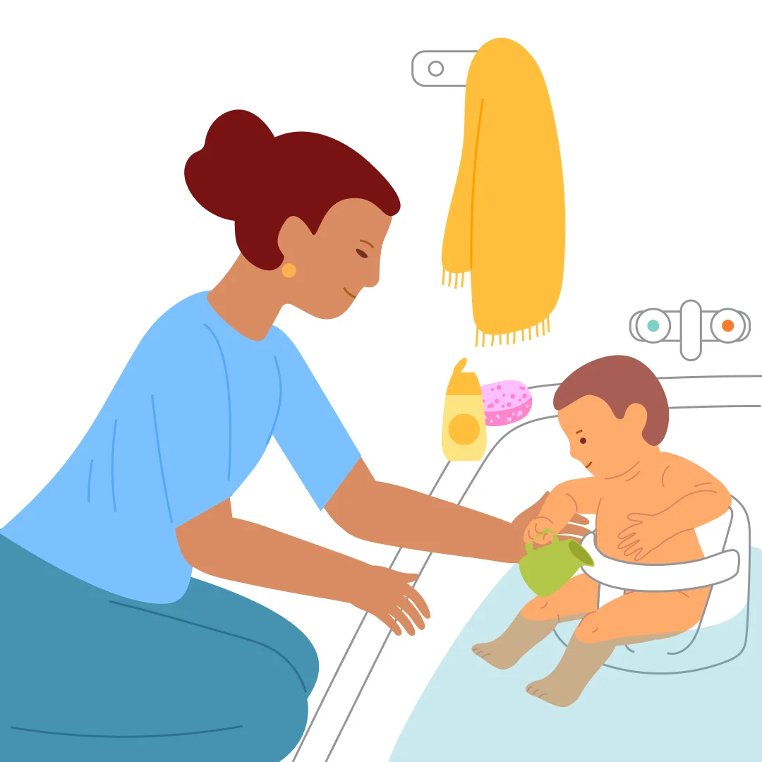 Illustration for “"Soap It Up!"”, step 3: Hand them a little watering can: “Fill it with water.” Suggest they rinse off the soap: “Pour water on your tummy, legs, arms.