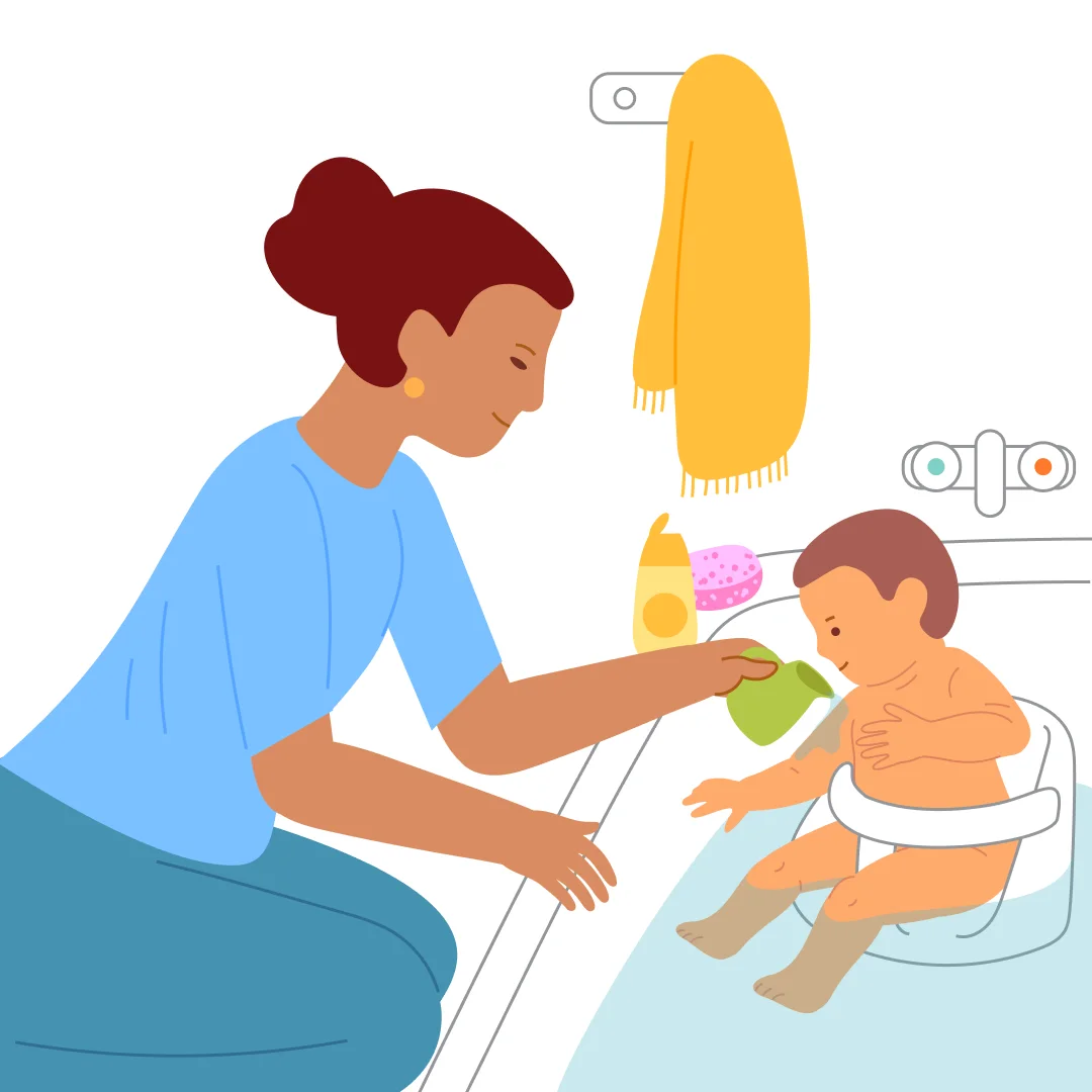 Illustration for “"Soap It Up!"”, step 4: ” Take the watering can: “Mommy will pour it on your back.
