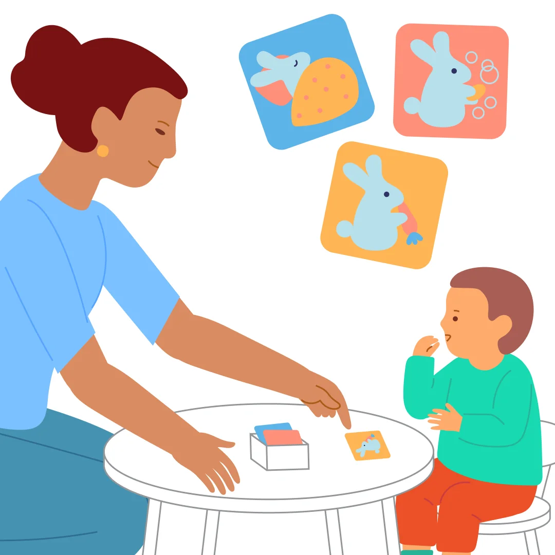 Illustration for “Recognize Action Words”, step 1: Again, you’ll need simple cards showing a character doing something (bunny eating, washing, sleeping) and a box.