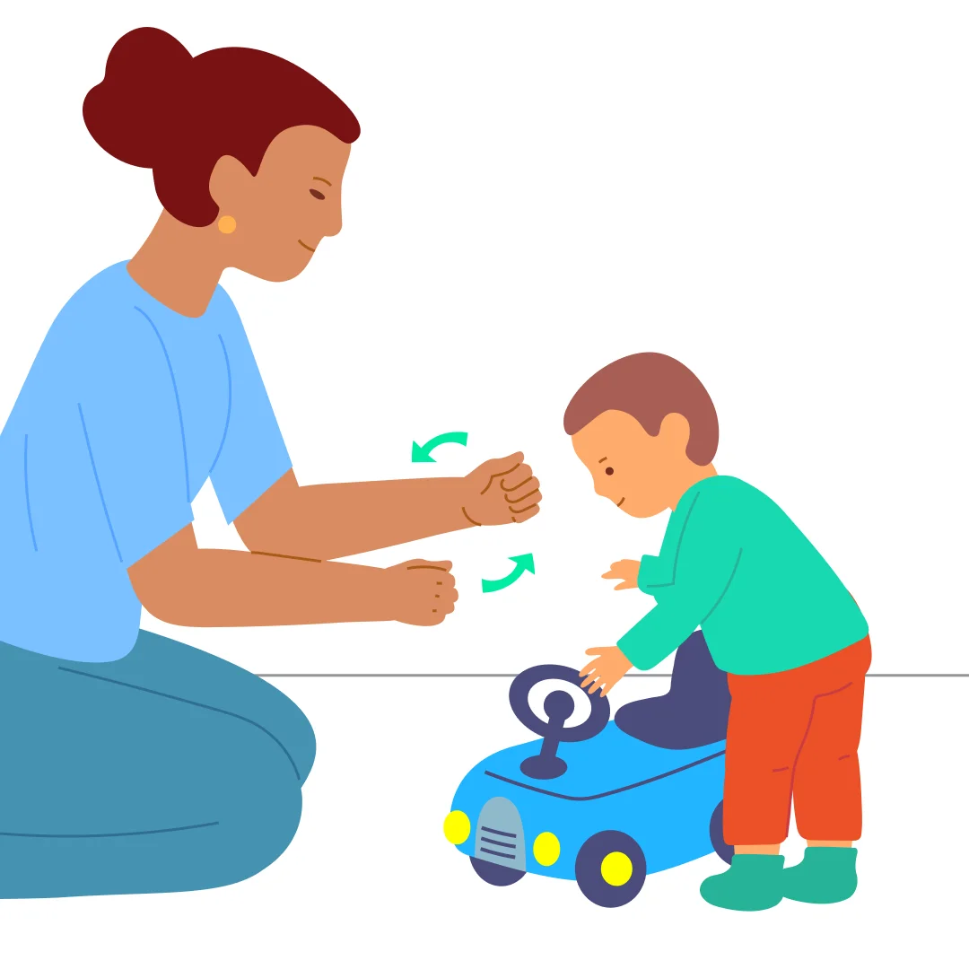 Illustration for “Steer and Go”, step 1: You’ll need a ride-on toy car that {{CHILD_NAME}} can sit on, with feet touching the floor.
