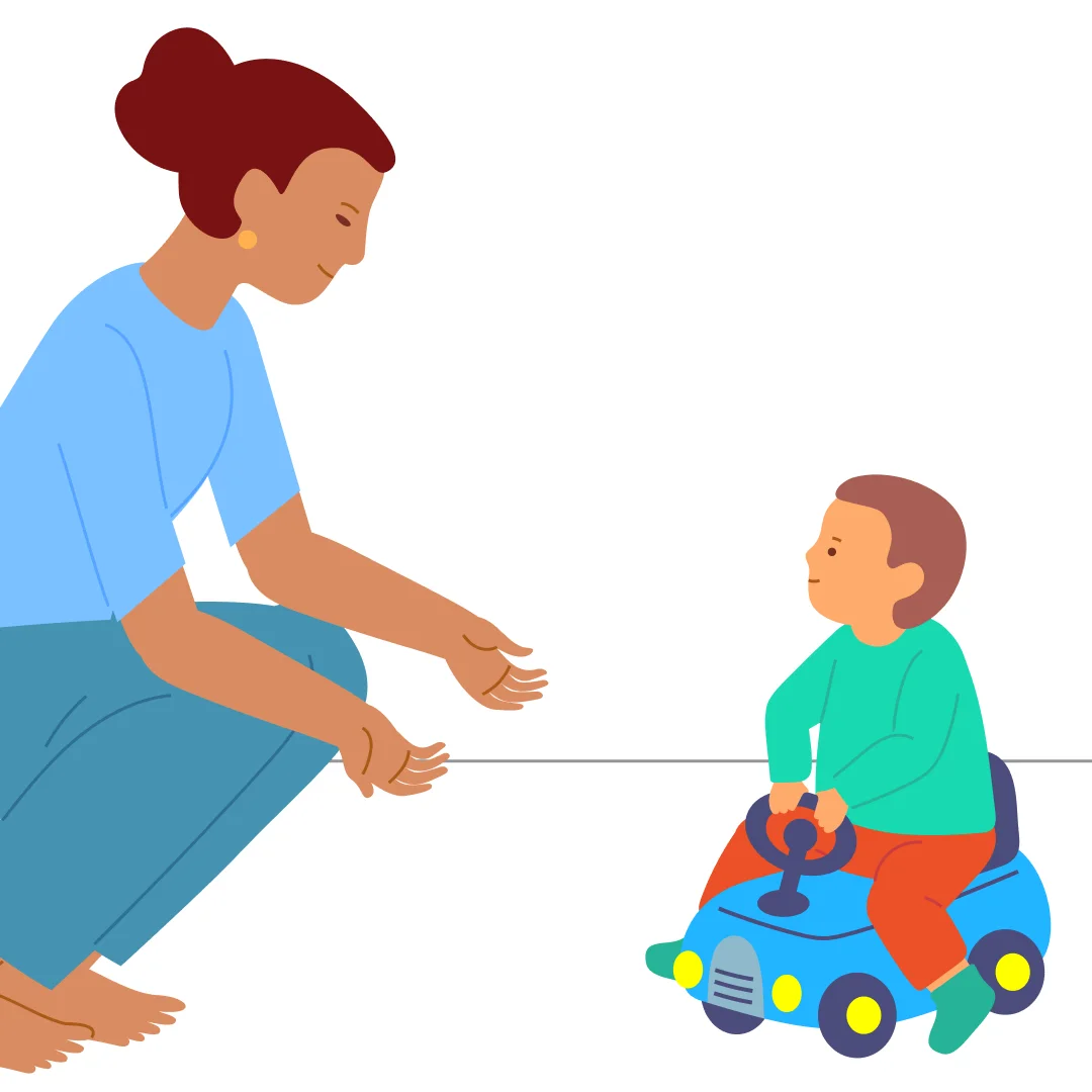 Illustration for “Steer and Go”, step 3: gently pull the car forward: “Use your feet!” Once they move by themselves, step aside and call them: “Now drive to Mommy!”