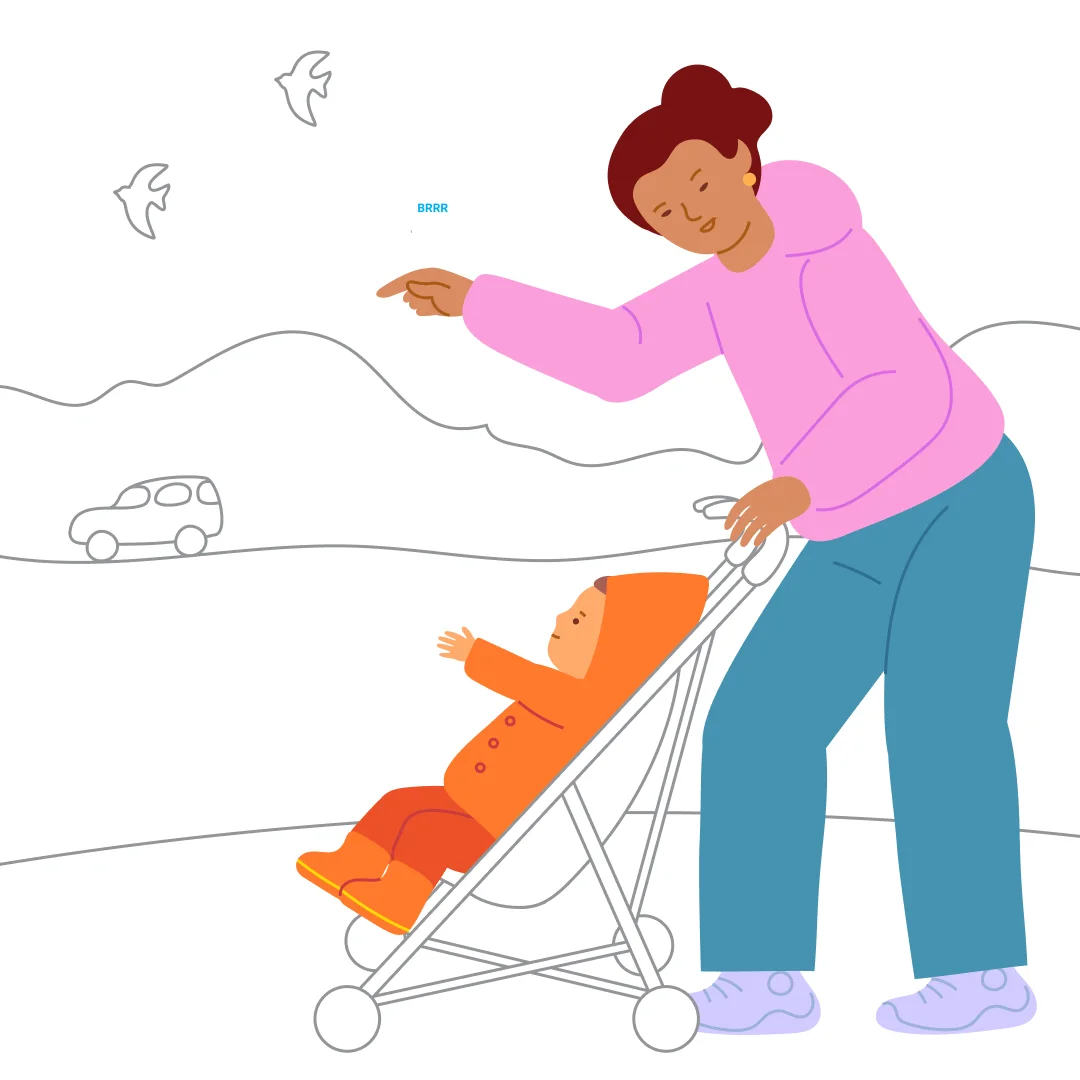 Illustration for “Observe the World Outside”, step 2: Continue walking, noticing what draws the child’s attention.
