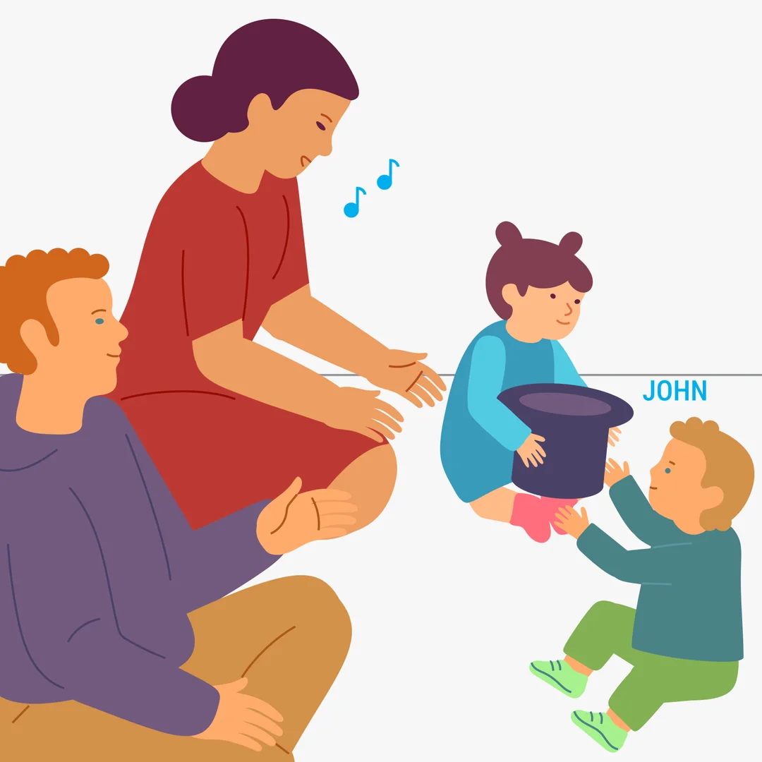 Illustration for “Pretty hat”, step 3: After the song, invite the child to pass the hat to the person next to them.