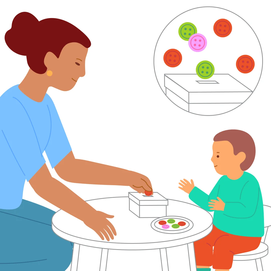 Illustration for “Squeeze Through the Gap”, step 1: For this activity, you’ll need a box with a slot in the lid (like a piggy bank), some large buttons or tokens, and a small bowl.