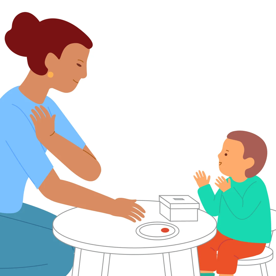 Illustration for “Squeeze Through the Gap”, step 3: Say: “Now Mommy’s turn!” Drop the remaining circles and show the empty bowl: “No circles left.”